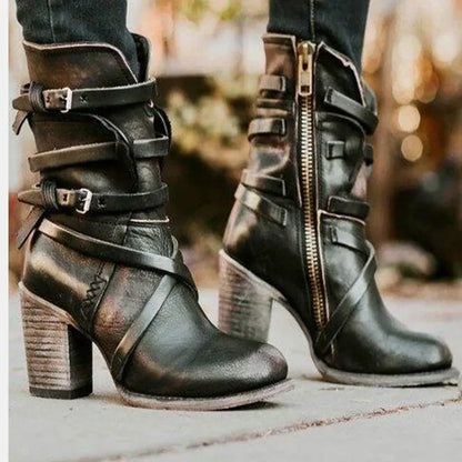 Damen Stiefeletten Chunky Boots Schnallen Reißverschluss Schwarz - Norvielle