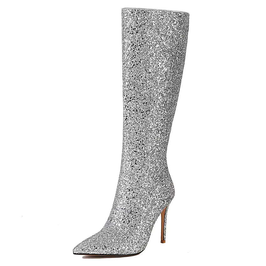 Damen Stiefel Kniehoch Glitzer Spitze Stilettoabsatz