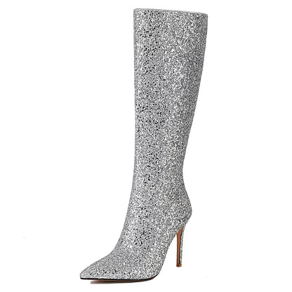 Damen Stiefel Kniehoch Glitzer Spitze Stilettoabsatz