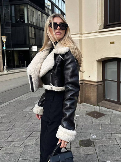 Damen Lederjacke Warmes Kunstleder