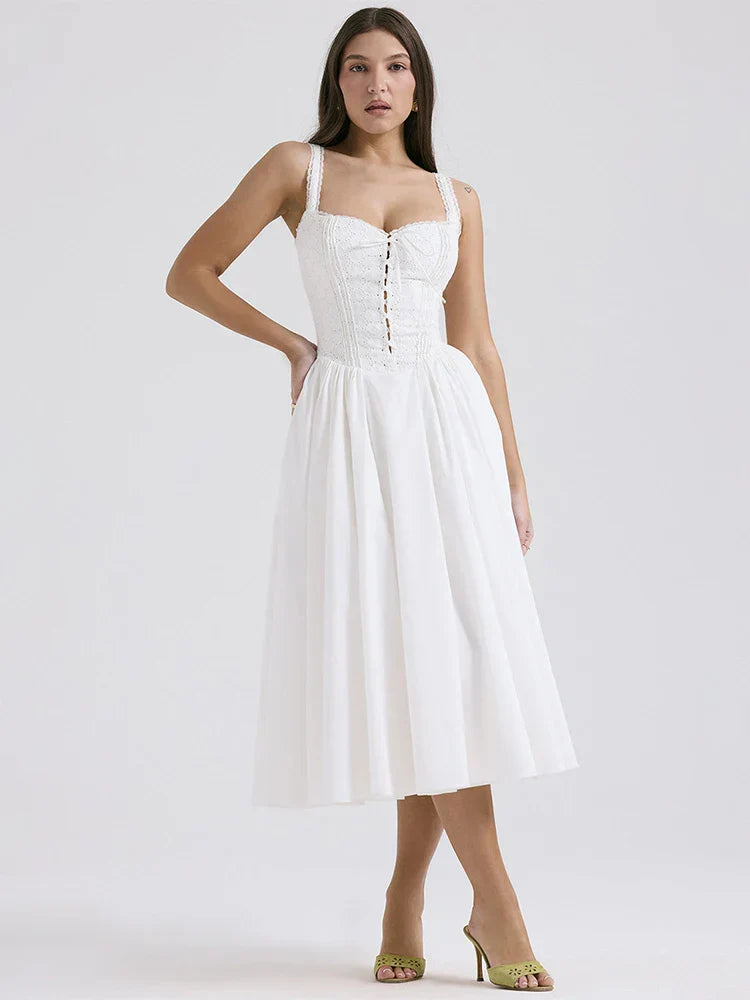Damen Leinenkleid Luftig Romantisch Sommerkleid Weiss