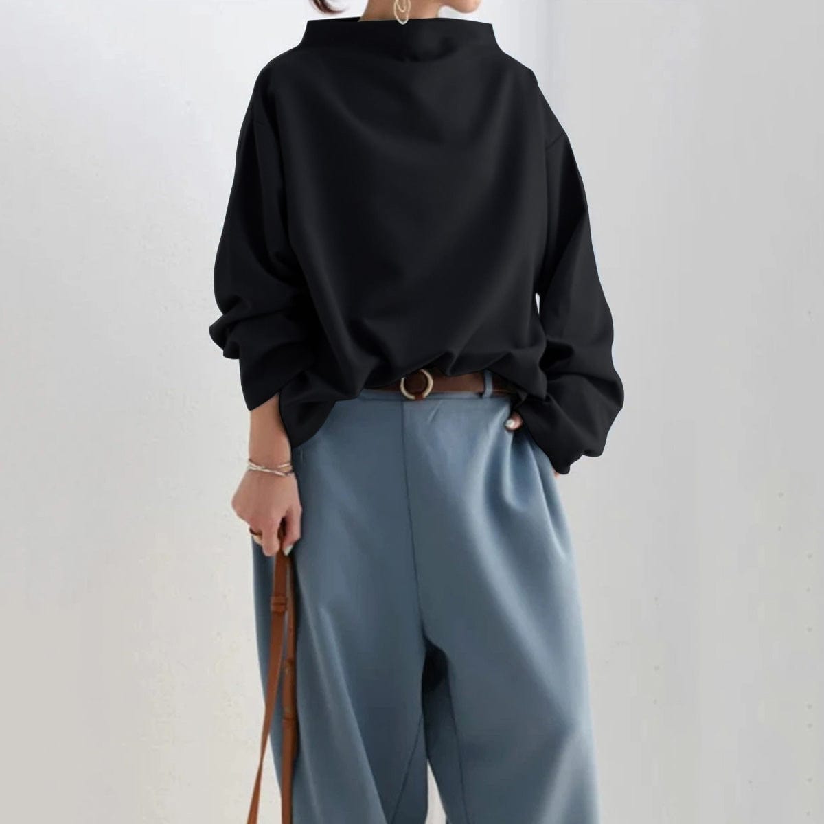 Damen Langarmshirt High Neck Elegantes Oberteil