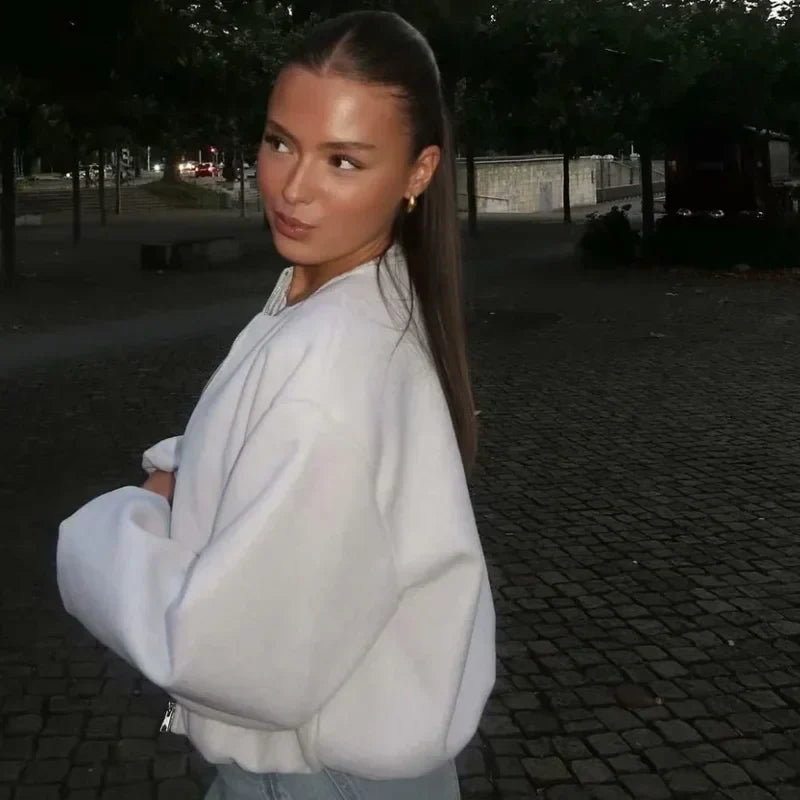 Damen Locker Geschnittene Jacke Reißverschluss Vorne