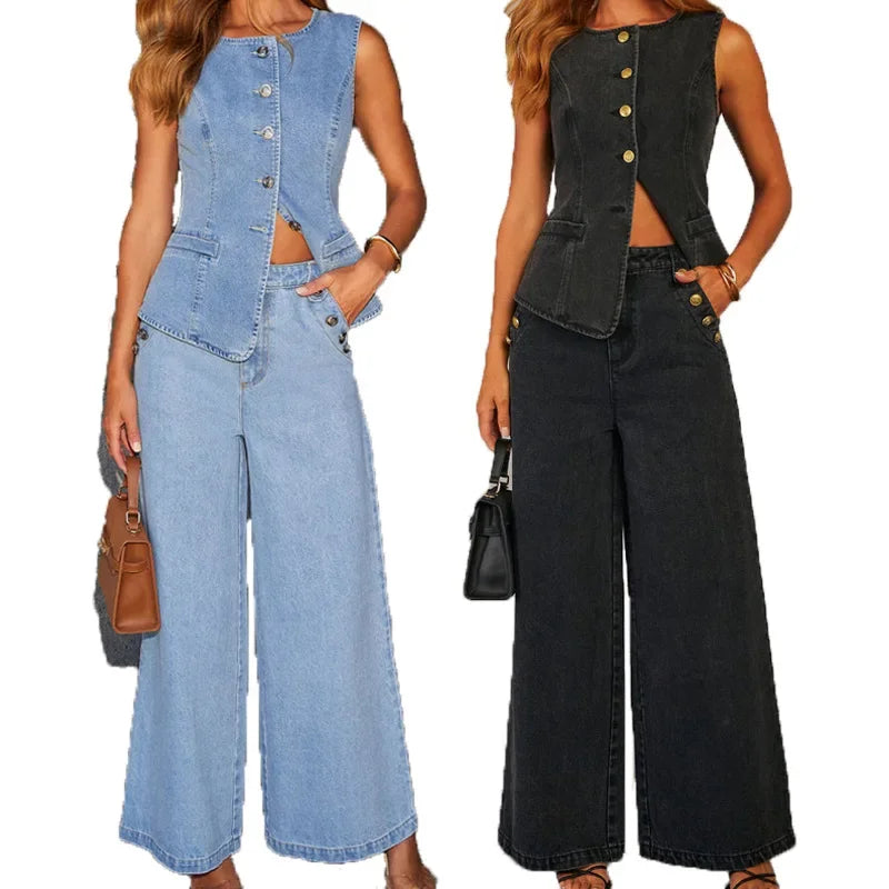 Modisches Damen Denim-Set mit Weste und Weitbein-Jeans