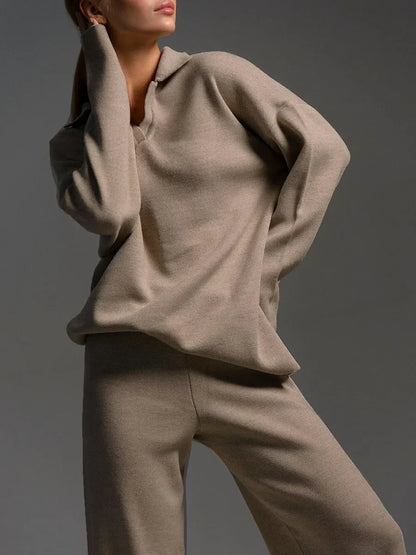 creme lounge set damen mit kragentop und weiter hose