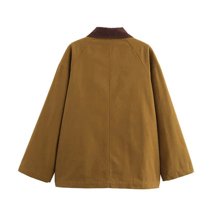 Damen Workwear Jacke Braun Cordkragen Schnürenverschluss
