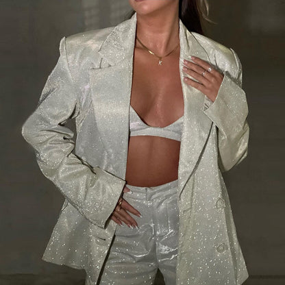 Damen Glitzer Outfit Set Blazer Hose