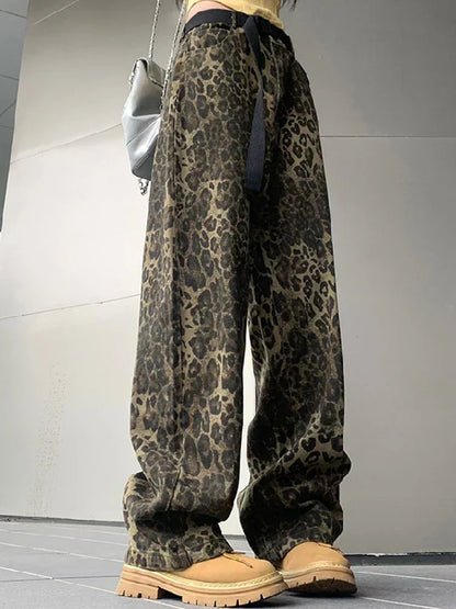 Damen Jeans Leopardenmuster Weitbein