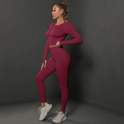 Zweiteiler Damen Sport in Weinrot, seamless Leggings + Top
