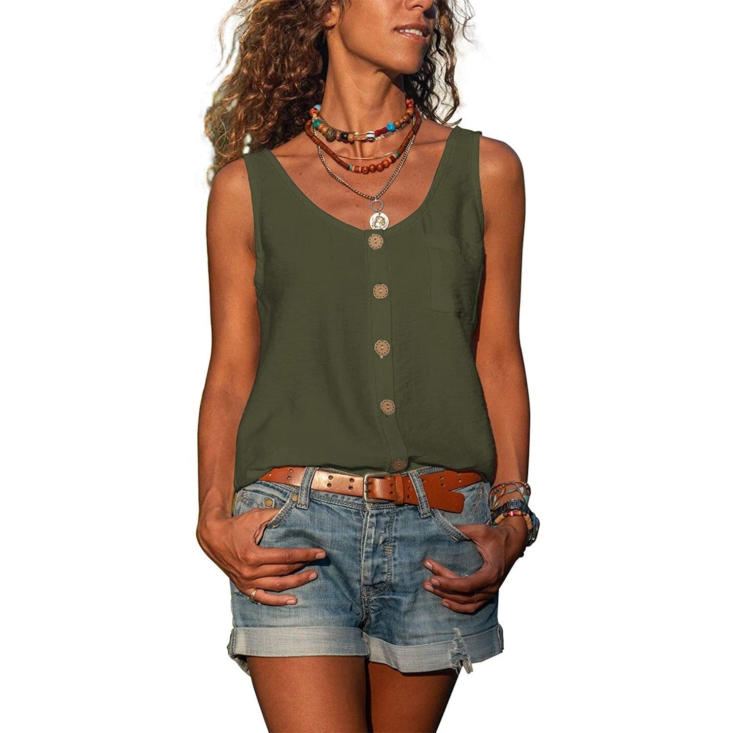 Damen Tanktop Knöpfe Seitentasche Baumwolle