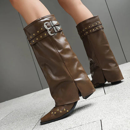 Damen Western Stiefel Spitze Kappe Nieten Leder