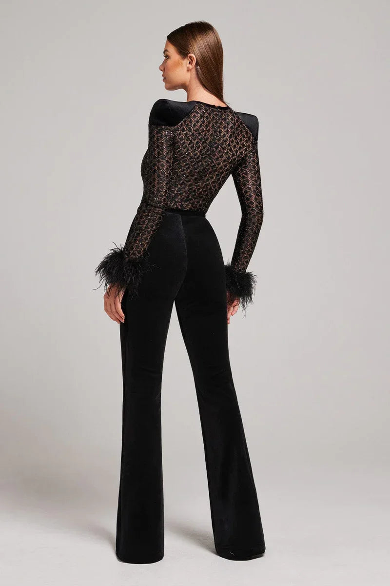 Glitzernder Frauen Jumpsuit Mit Federn Party Outfit
