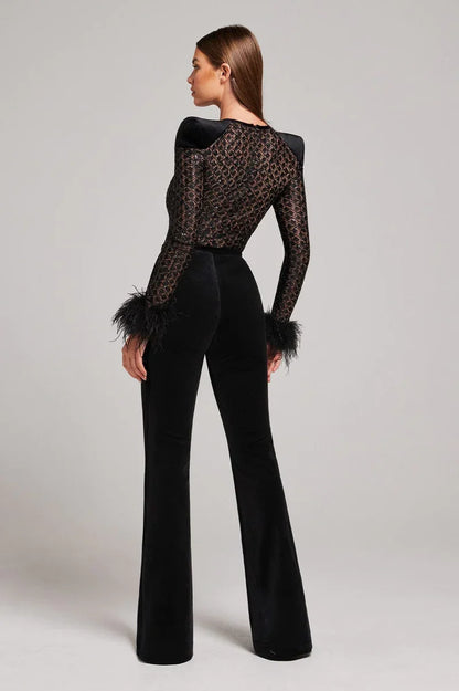 Glitzernder Frauen Jumpsuit Mit Federn Party Outfit