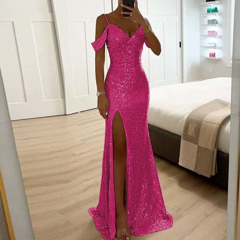 Damen Pailletten Abendkleid Schulterfrei Elegant