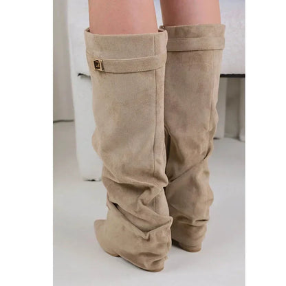 Damen Faltstiefel Niedriger Absatz Spitze Zehen