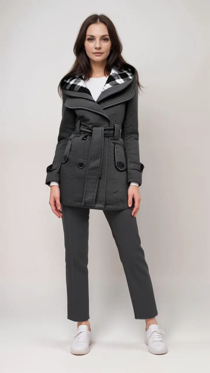 Damen Wollmantel Kariert Mit Kapuze Schwarz - Norvielle