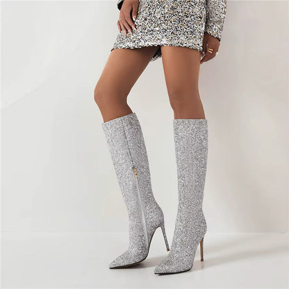 Damen Stiefel Kniehoch Glitzer Spitze Stilettoabsatz