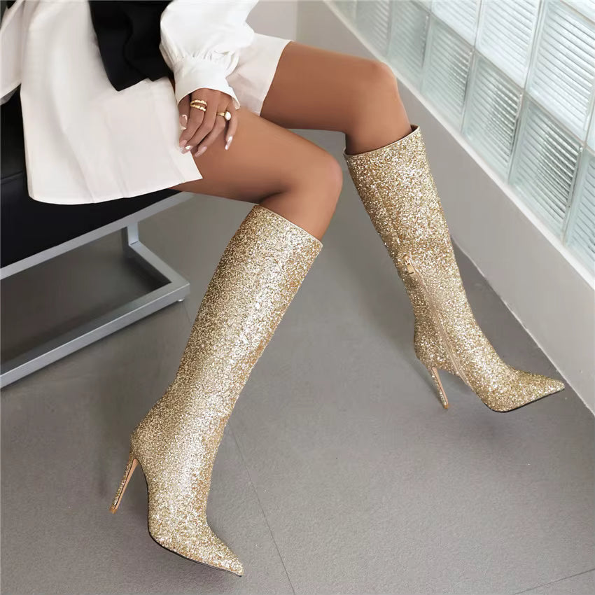 Damen Stiefel Kniehoch Glitzer Spitze Stilettoabsatz