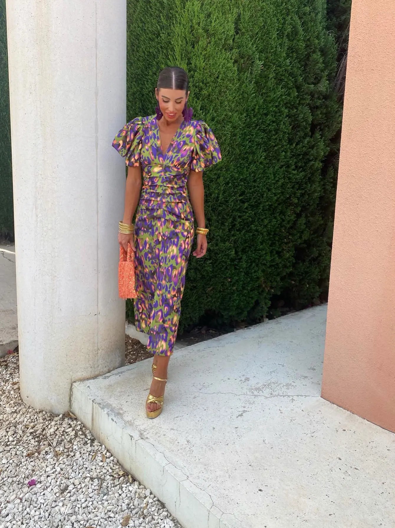 Damen Sommerkleid Bedruckt Puffärmel Midi Lang