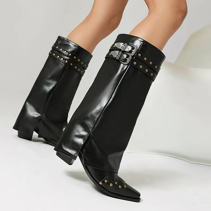 Damen Western Stiefel Spitze Kappe Nieten Leder