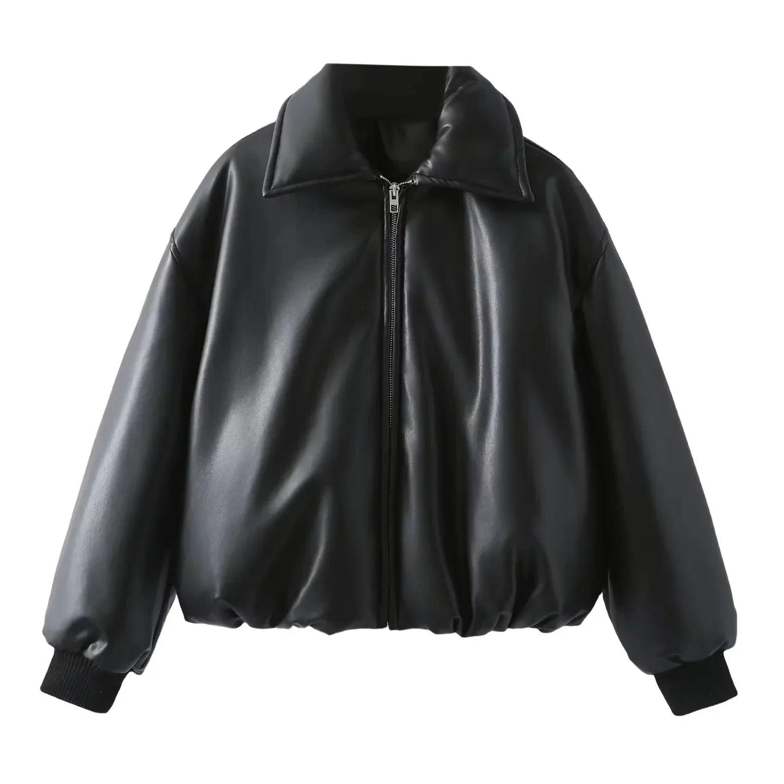 schwarze oversized bomberjacke aus veganem leder mit reißverschluss