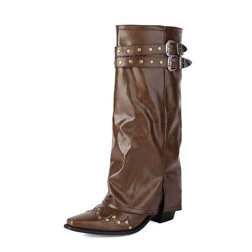 Damen Western Stiefel Spitze Kappe Nieten Leder