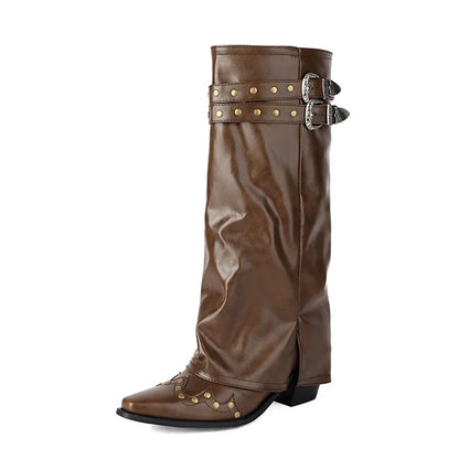Damen Western Stiefel Spitze Kappe Nieten Leder