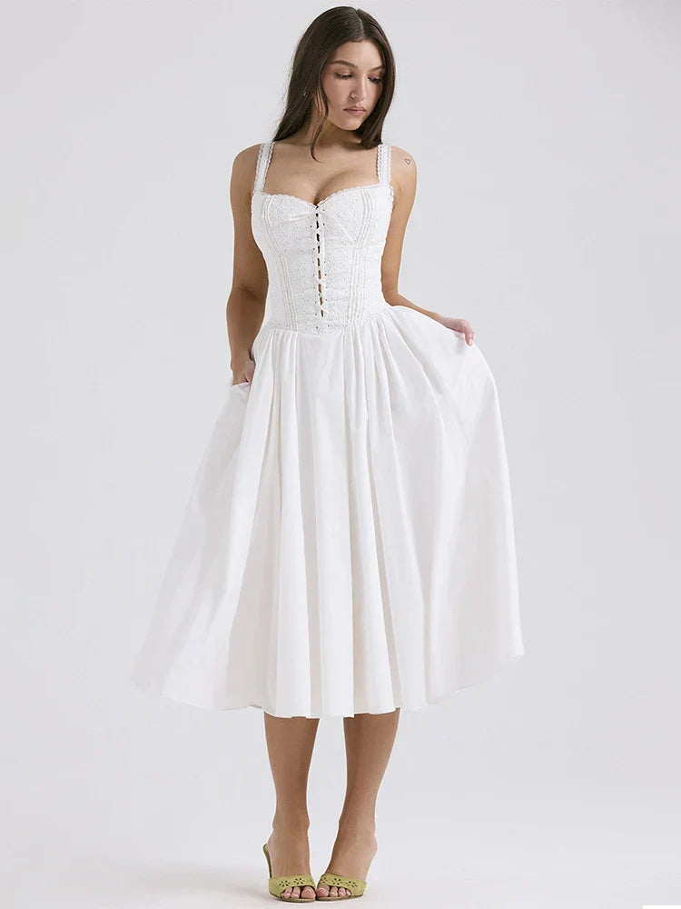 Damen Leinenkleid Luftig Romantisch Sommerkleid Weiss