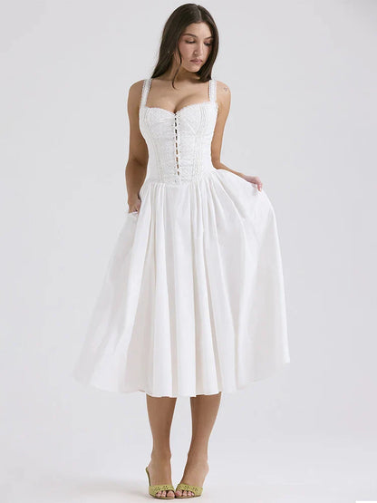 Damen Leinenkleid Luftig Romantisch Sommerkleid Weiss