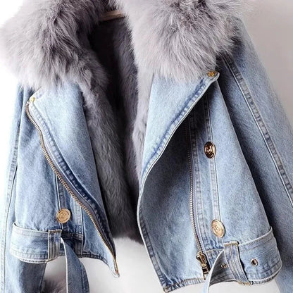 Damen Jeansjacke Fellfüllung Warm