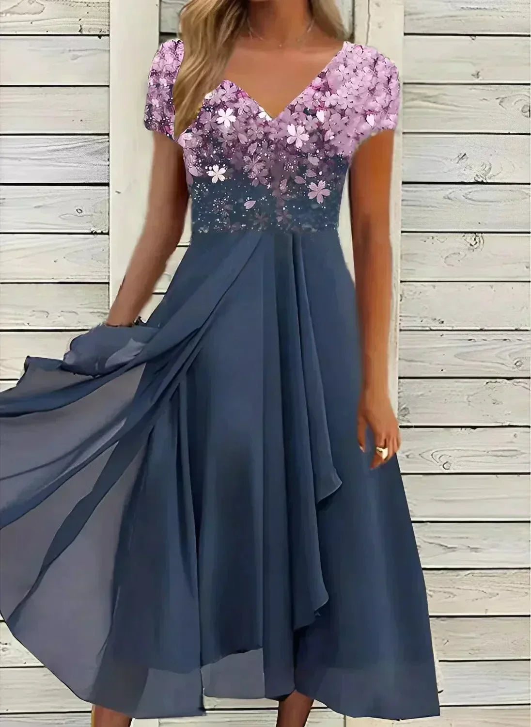 Damen Sommerkleid Blumenmuster Kurzärmlig Fließend