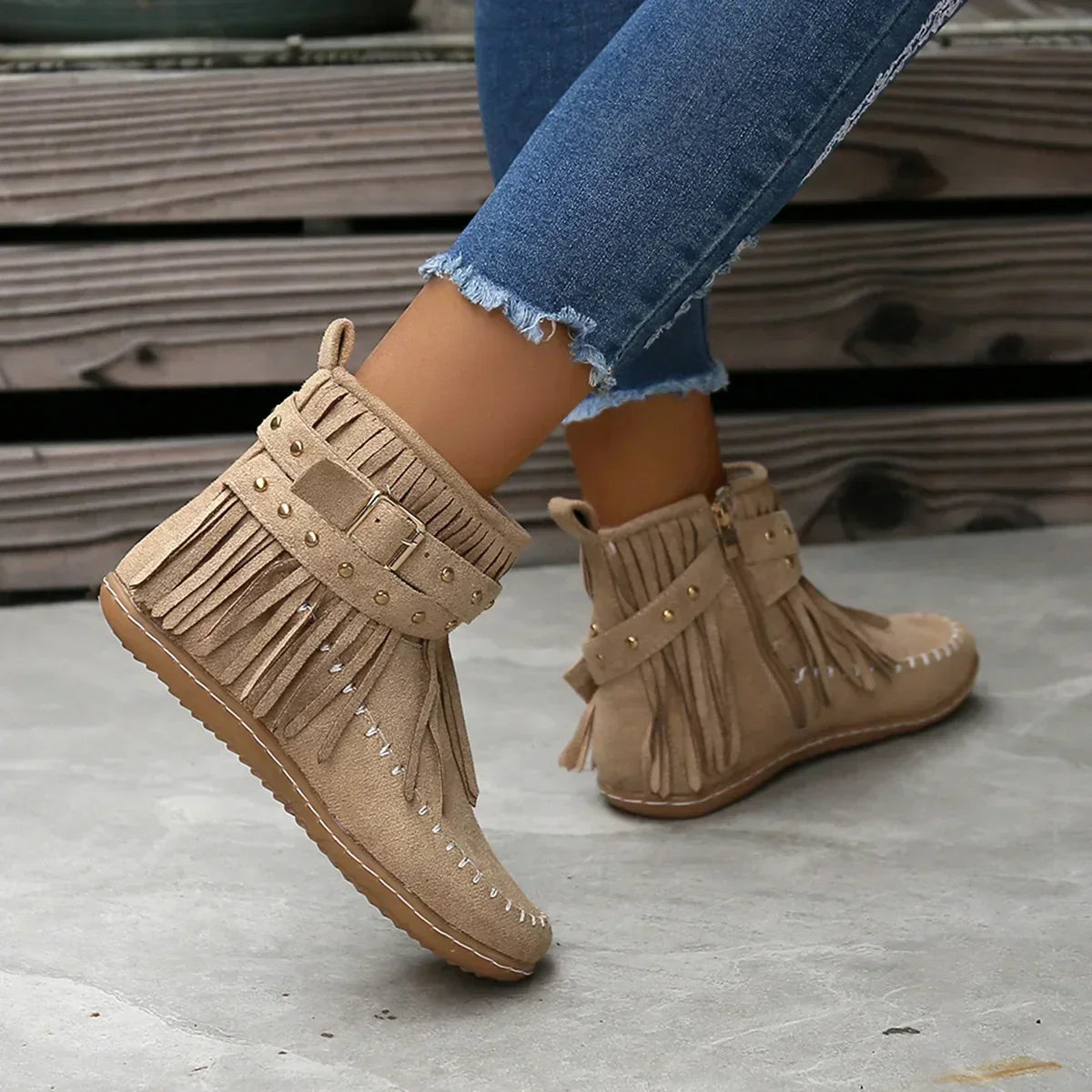 Damen Stiefeletten Wildleder mit Fransen und Nieten