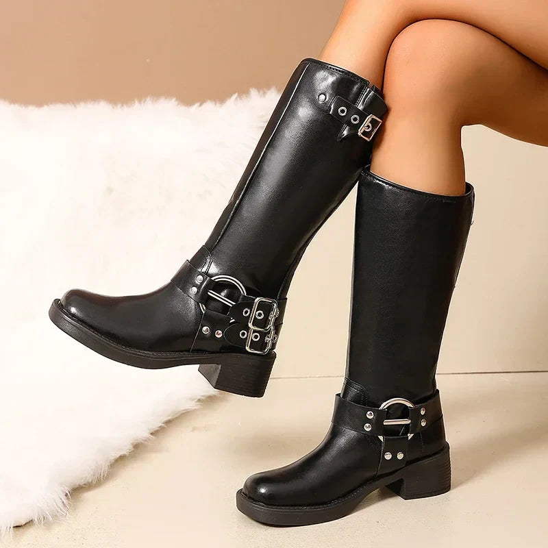 schwarze hohe biker boots mit schnallen und blockabsatz für damen