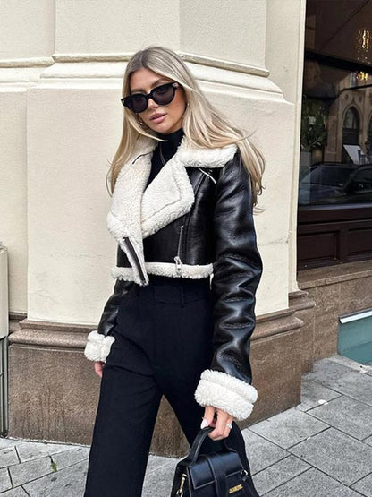 Damen Lederjacke Warmes Kunstleder Schwarz - Norvielle