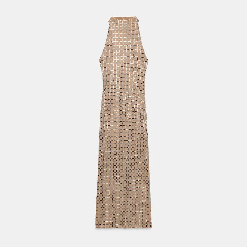 Damen Abendkleid Maxi mit Spiegelsteinen und Halterneck Elegant