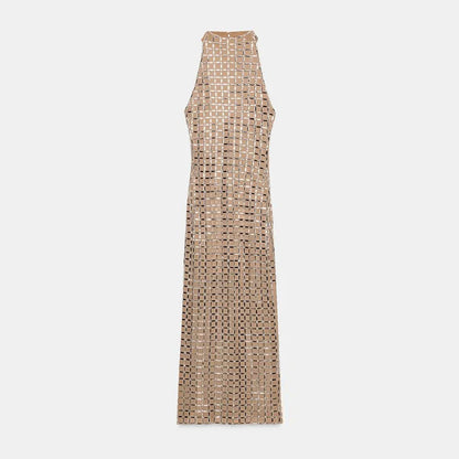 Damen Abendkleid Maxi mit Spiegelsteinen und Halterneck Elegant