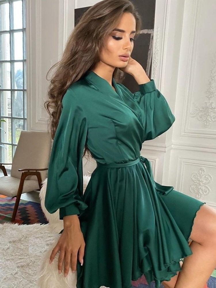 Damen Satinkleid Langärmlig Rüschen Elegant