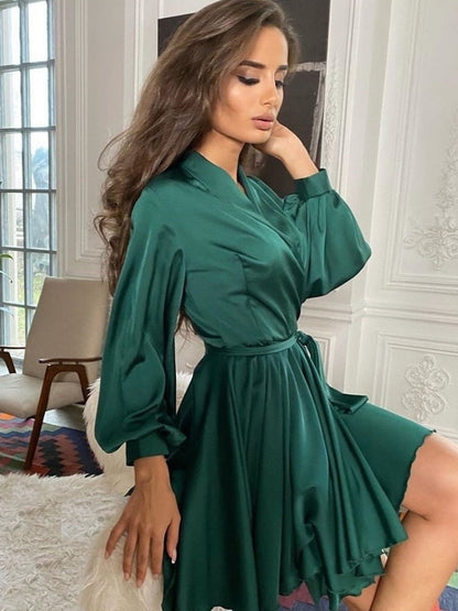 Damen Satinkleid Langärmlig Rüschen Elegant