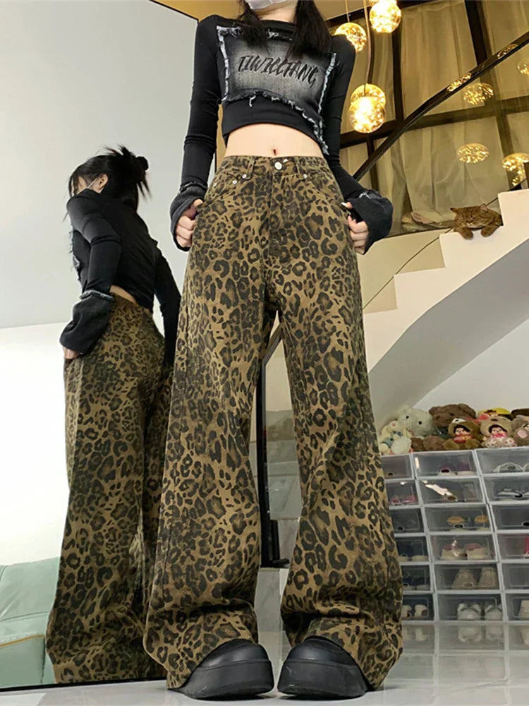 Damen Jeans Leopardenmuster Weitbein
