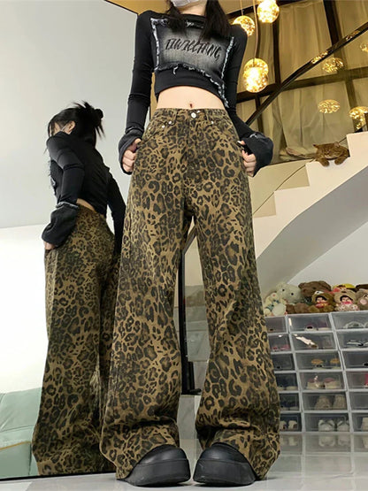 Damen Jeans Leopardenmuster Weitbein