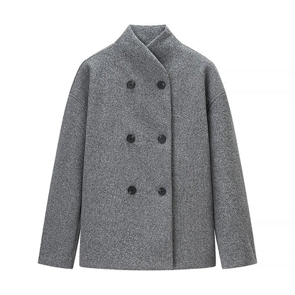 graue double breasted damenjacke im oversized fit minimalistisch