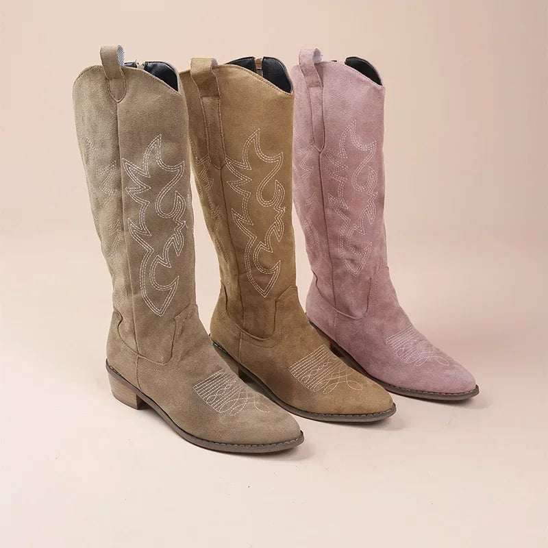 Damen Kniehohe Cowboystiefel Westernstil Stickerei