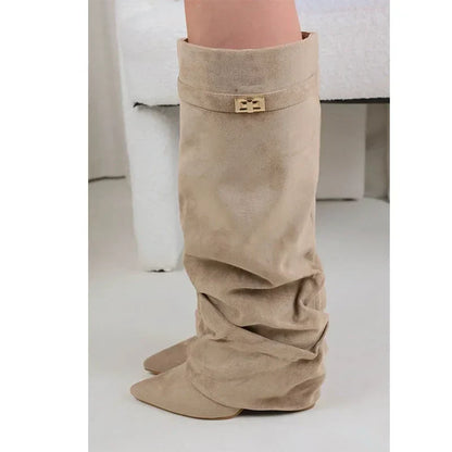 Damen Faltstiefel Niedriger Absatz Spitze Zehen - Norvielle