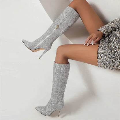 Damen Stiefel Kniehoch Glitzer Spitze Stilettoabsatz Schwarz - Norvielle
