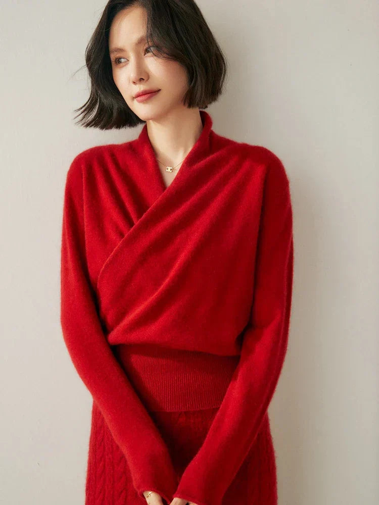 Damen Wickelpullover Überkreuzdesign aus Kaschmir Modern