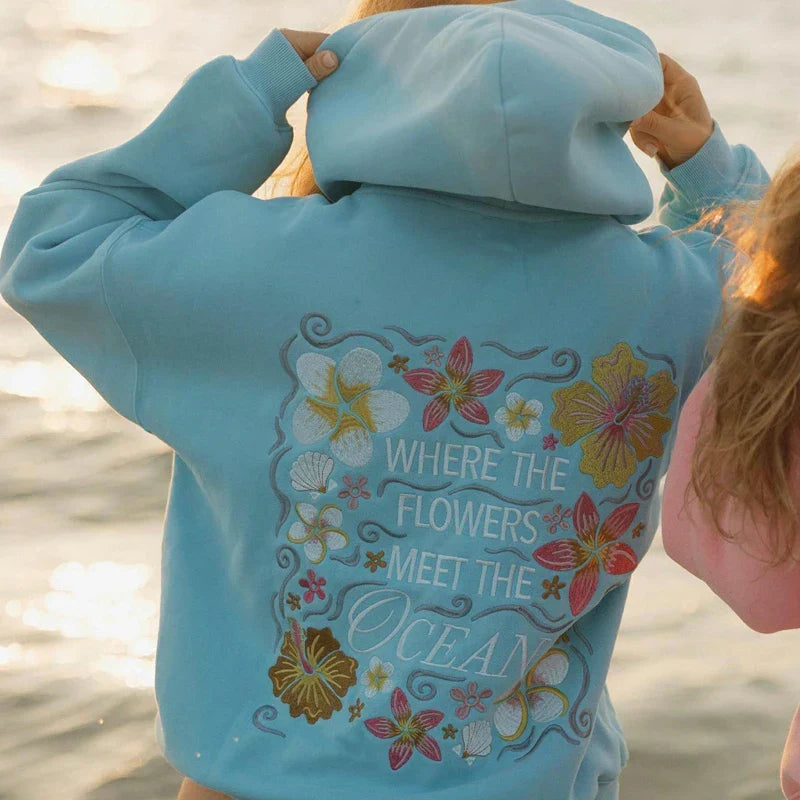 Damen Hoodie Bestickt Meeresblumen Floral Design