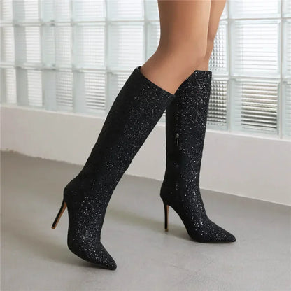 Damen Stiefel Kniehoch Glitzer Spitze Stilettoabsatz
