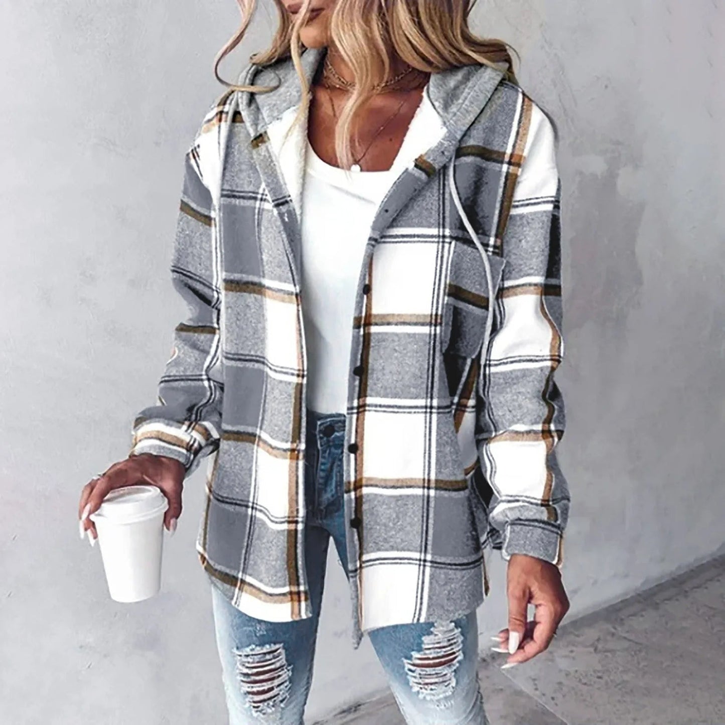 Damenjacke Kariert Warm Strickoptik Mit Kapuze - Norvielle