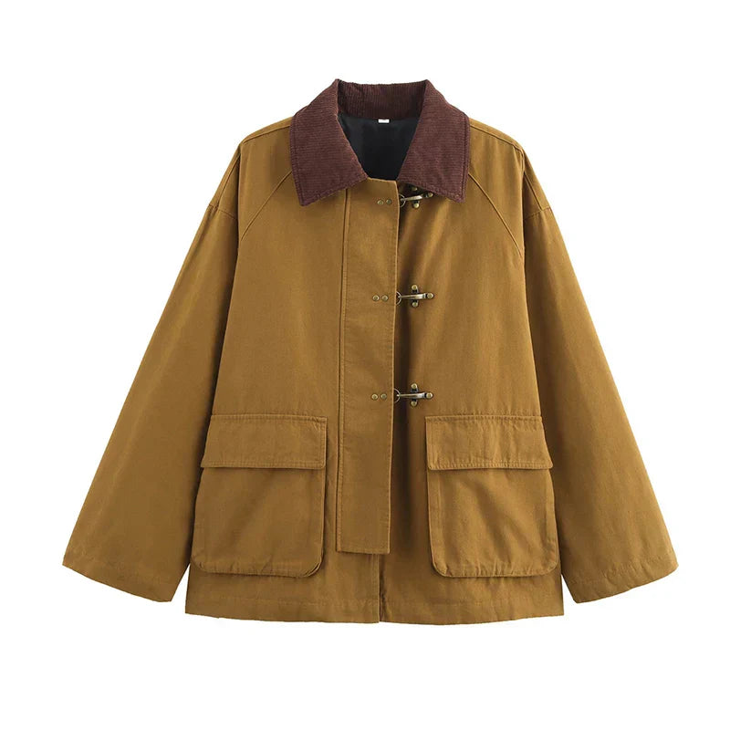 Damen Workwear Jacke Braun Cordkragen Schnürenverschluss - Norvielle