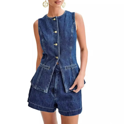Denim Zweiteiler Damen Set mit Weste und Shorts Sommer